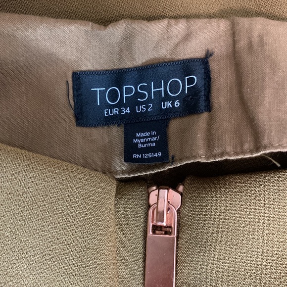 TOPSHOP Tan Zip Front High Waist Raw Hem A-Line Skirt Sz 2 - Picture 5 of 6